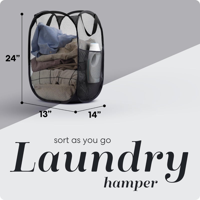 Handy Laundry Collapsible Mesh Pop Up Hamper with Wide Opening and Side Pocket - Breathable, Sturdy, Foldable, and Space-Saving Design for Clothes and Storage (Black | 2-Pack) - Image 2